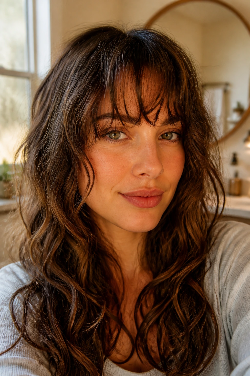 Close-up of a woman with wavy bangs maintaining fringe shape in a warm bathroom.