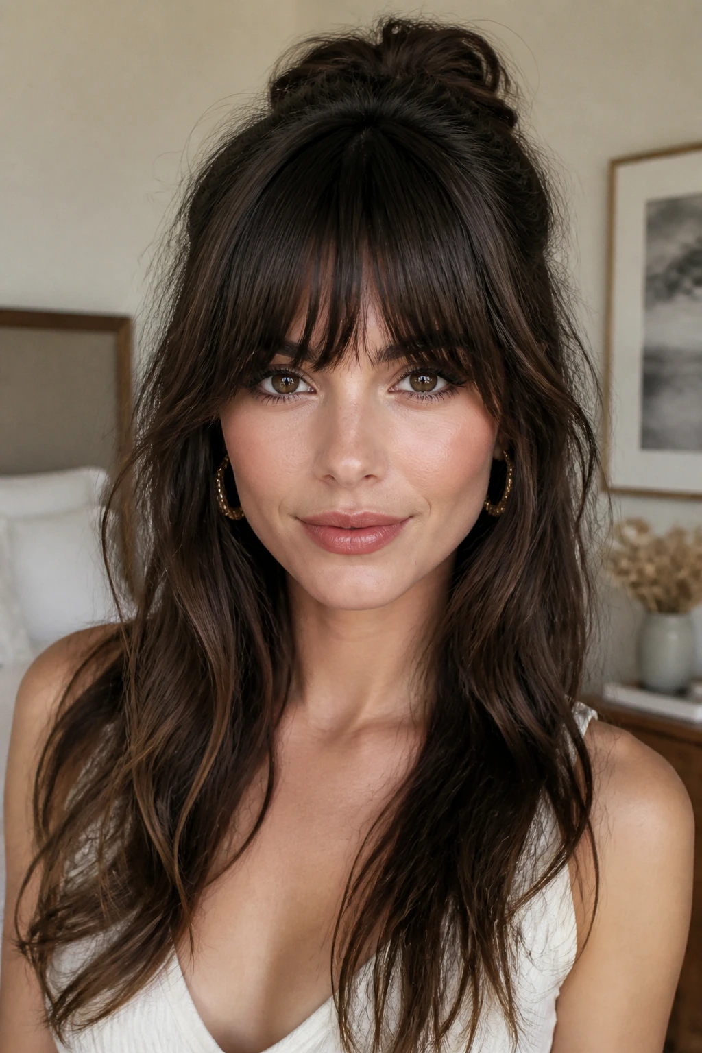 Woman wearing thick bangs with long hair framed portrait