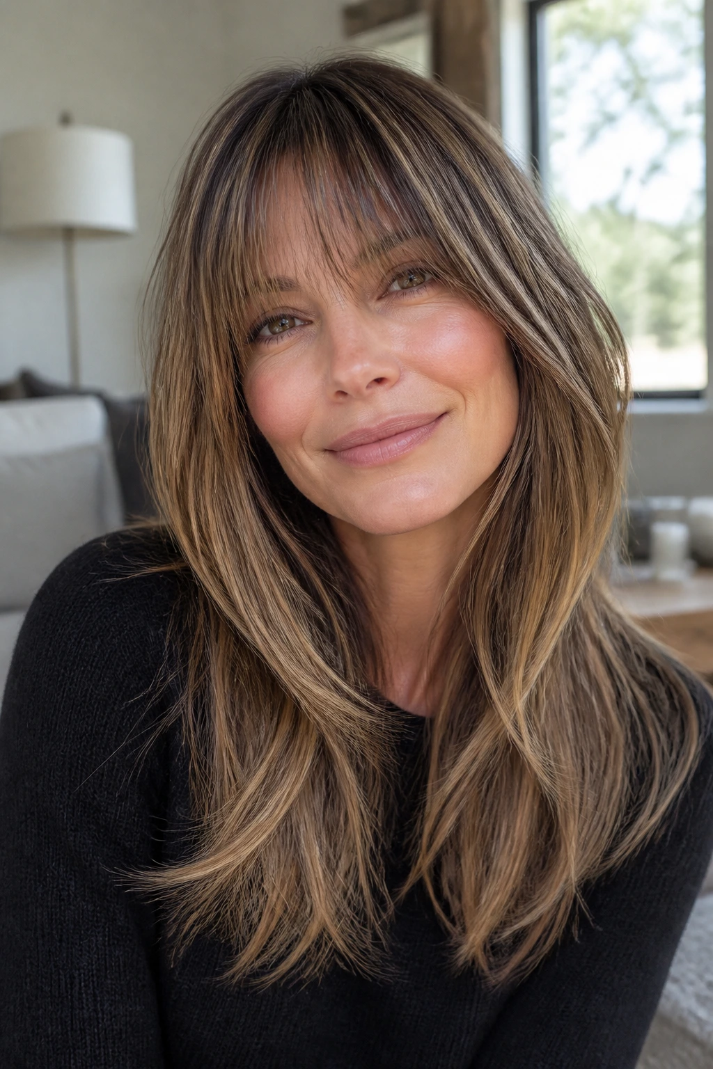 Close-up of a real woman with bangs blending into long layers in a relaxed home setting