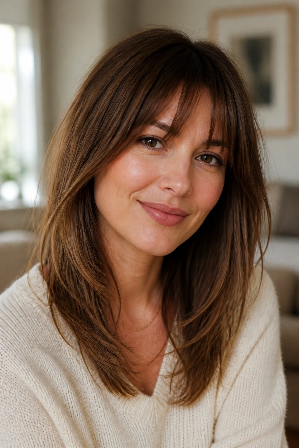 Close-up portrait of a real woman with bangs that melt into long layers under warm window light