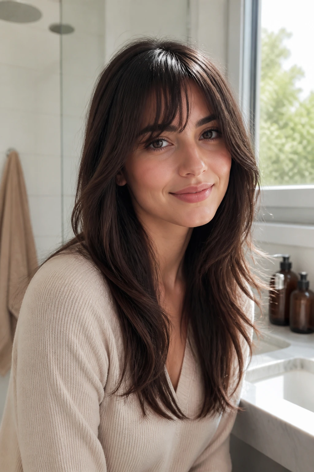 Portrait of a woman with long layered hair and smooth bangs in a home setting