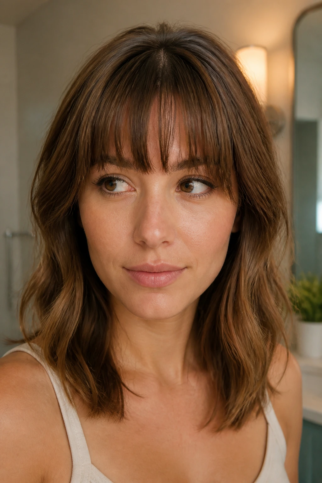 Portrait of a real woman focusing on her bangs with a soft bathroom backdrop