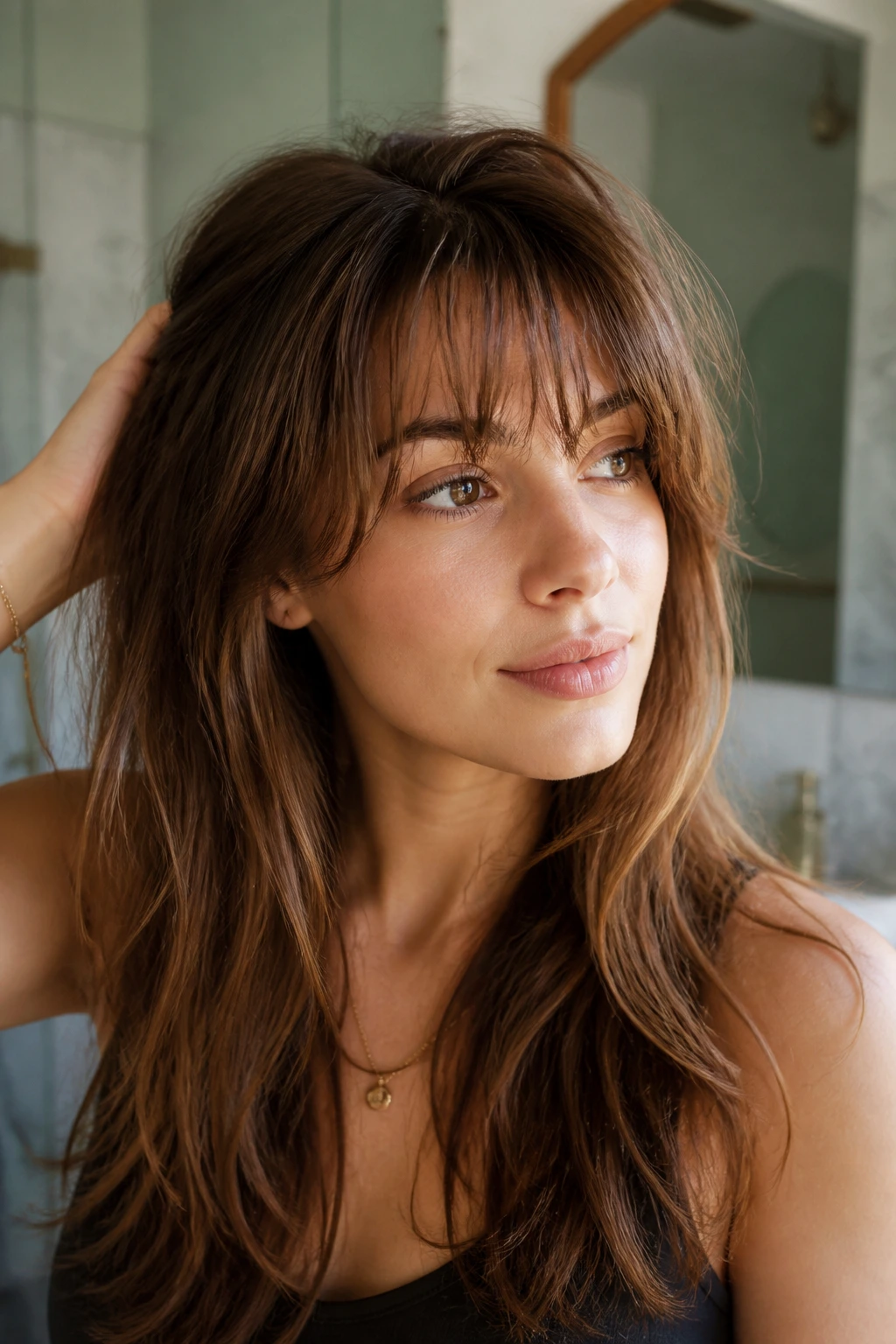 Portrait of a woman with well-kept bangs in a home setting between salon visits