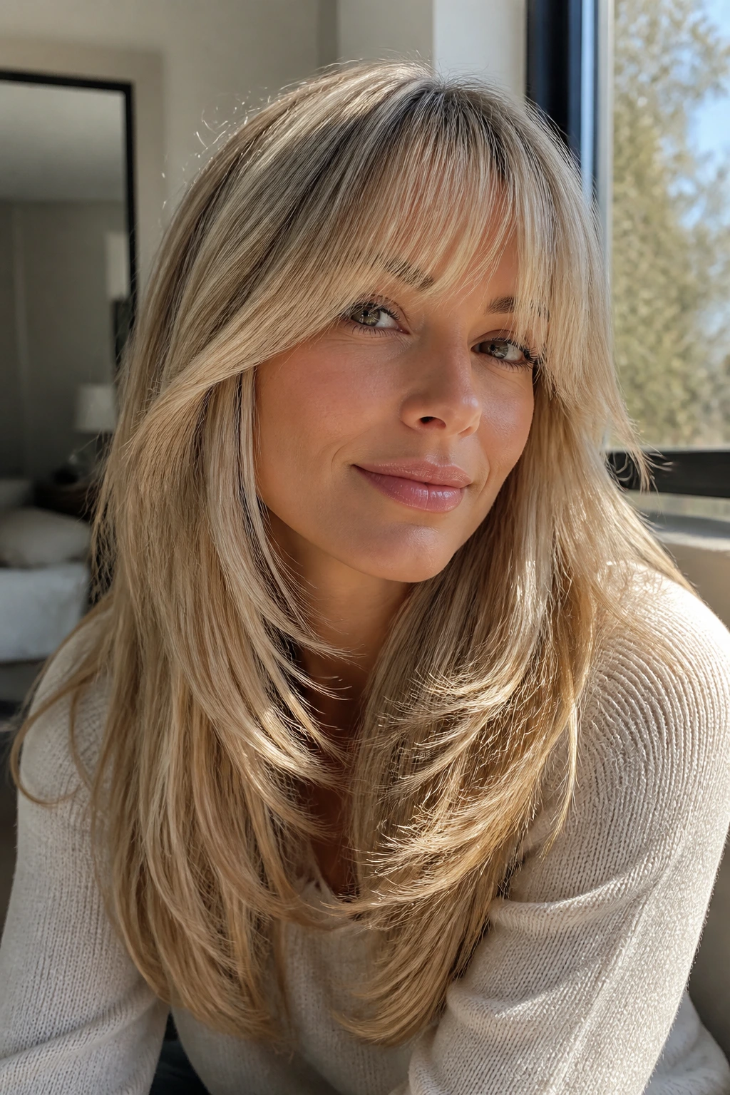 Real person with bangs and layers kept fresh through at-home styling in daylight.