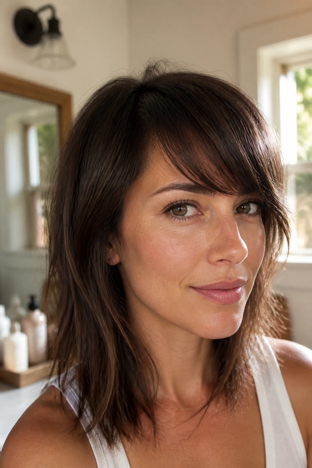 Close-up portrait of a woman with side-swept bangs in a warm bathroom setting