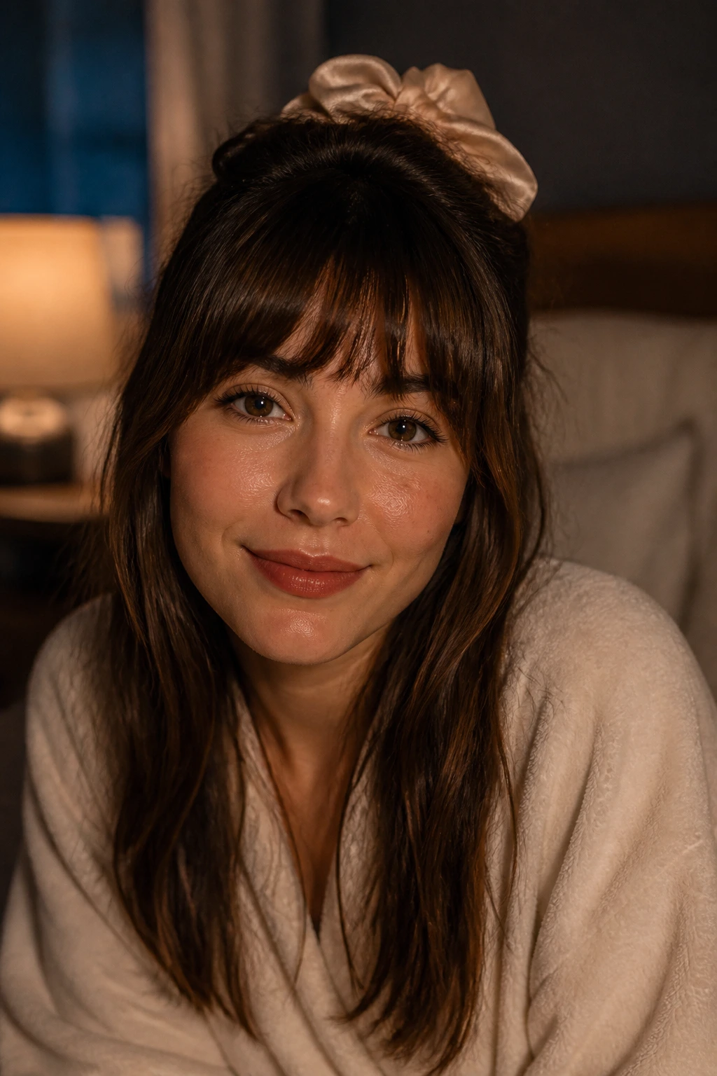 Portrait of a woman with well-kept choppy bangs and a night care setup