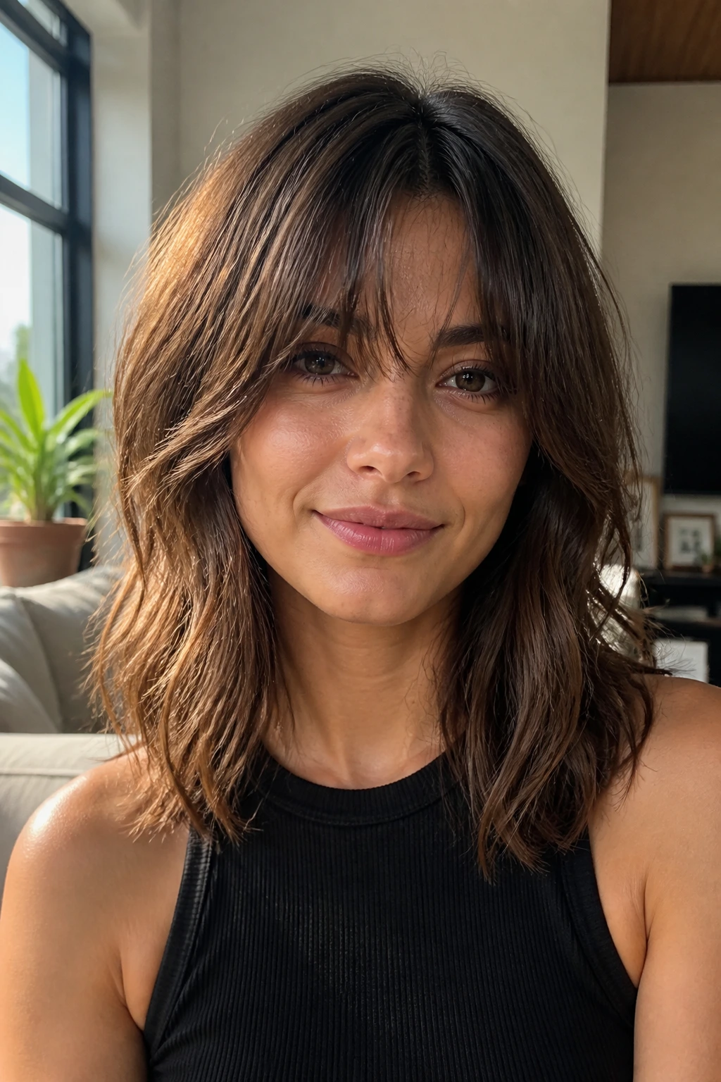Close-up portrait of a real woman with grown-out bangs and tousled mid-length layers under natural window light.