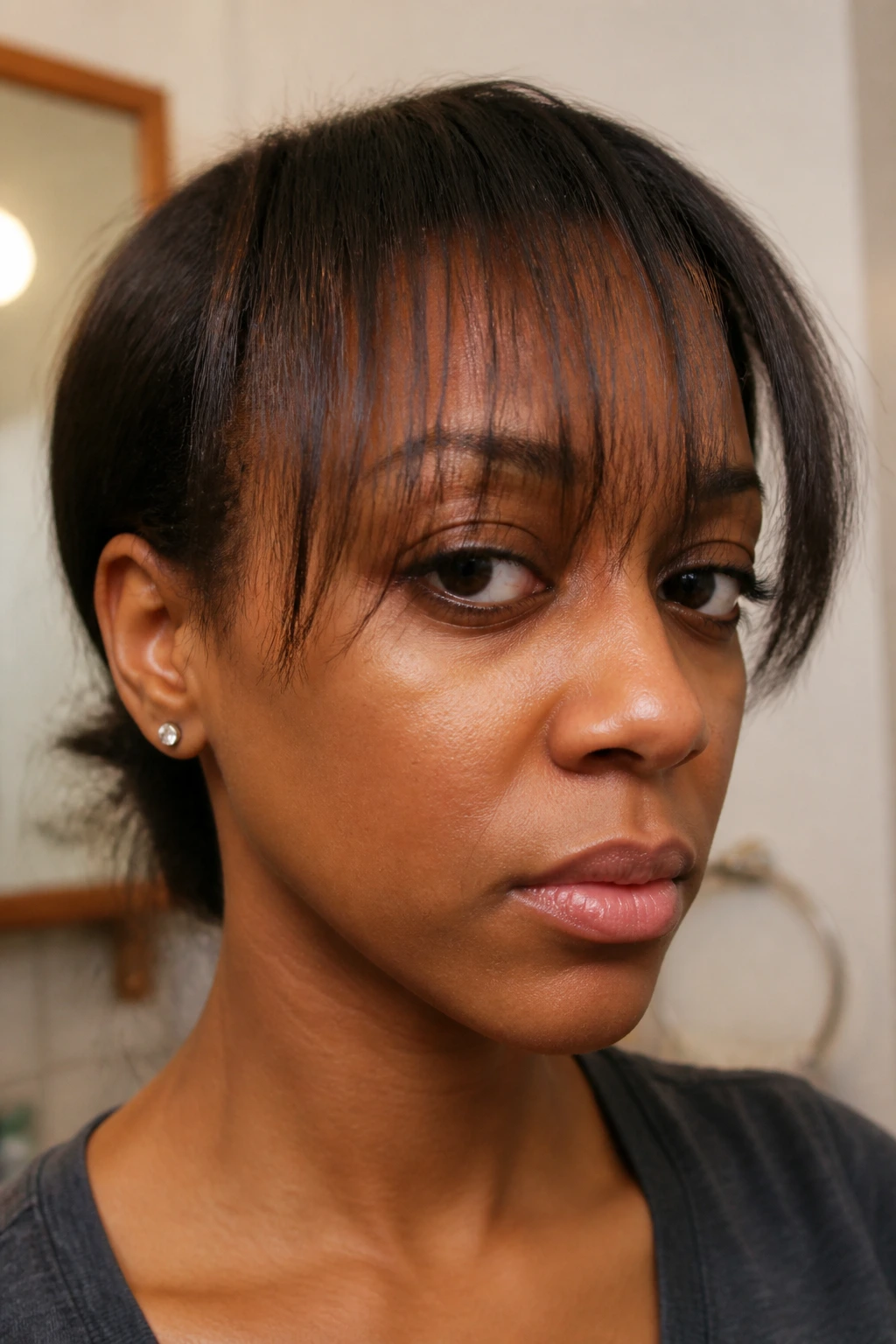 Close-up of a Black woman showing blunt, wide bangs with gaps in a softly lit bathroom setting.