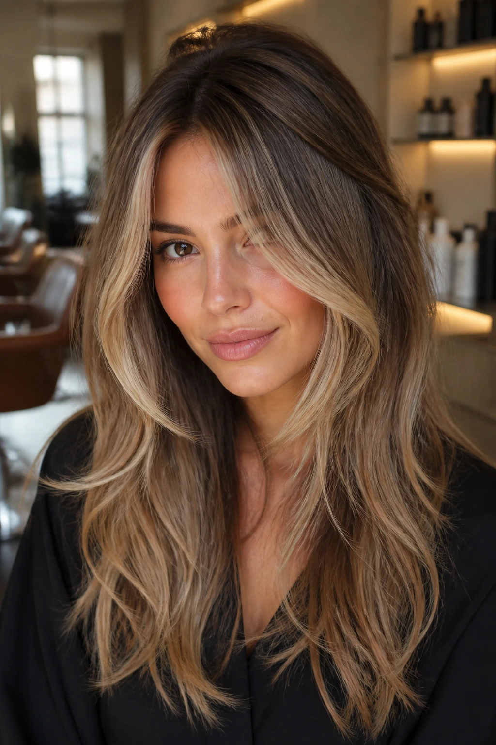 Close-up of a woman with long bangs and money-piece highlights in a warm salon, showcasing lifted roots and a soft fringe.