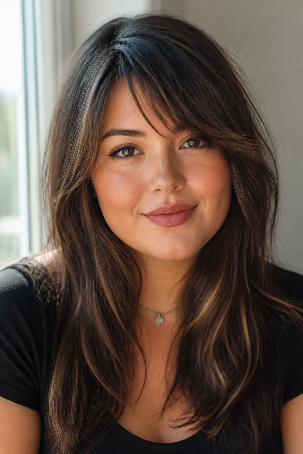 Close-up portrait of a real woman with tousled off-center bangs in natural window light