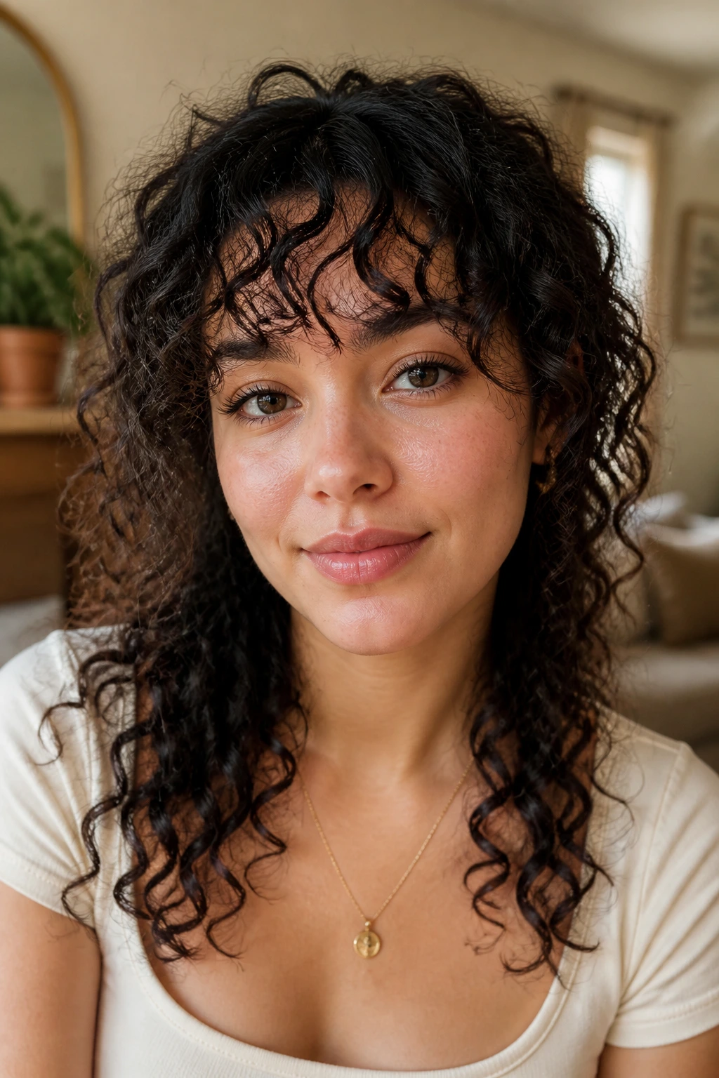 Close-up portrait of a woman with curly bangs framing an oval face in a warm living room