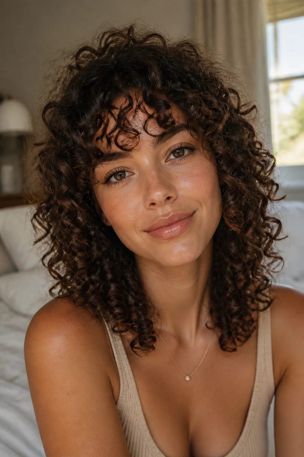 Close-up portrait of a real woman with curly bangs framing an oval face under warm window light