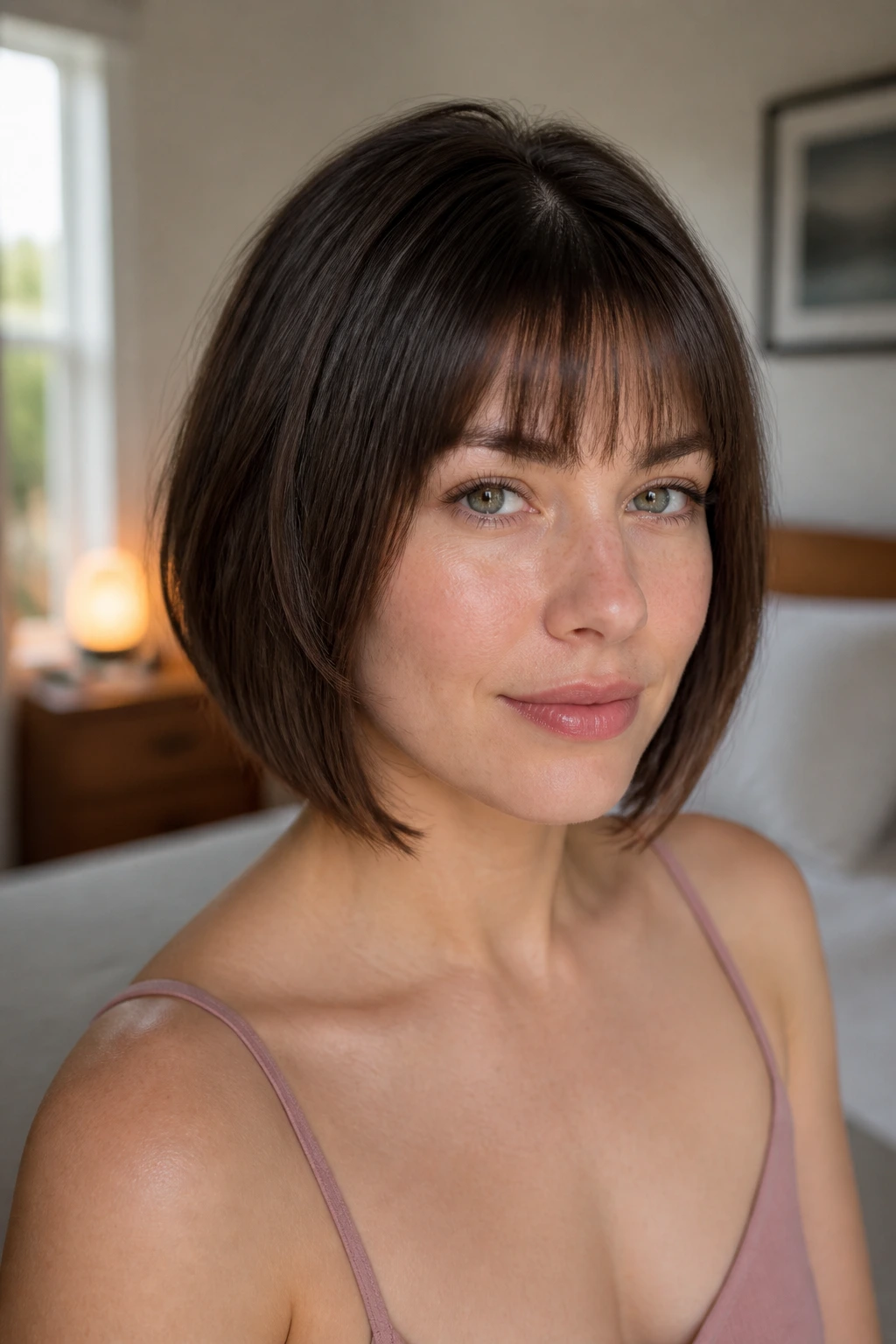 Close-up portrait of a woman with bangs showing length and off-center parting under natural light