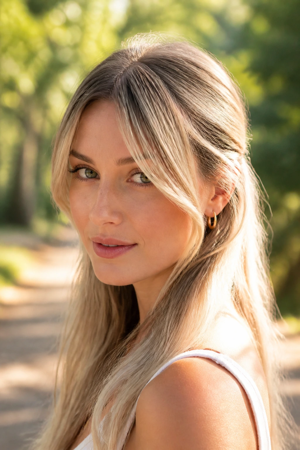 Close-up of long peekaboo bangs in sunlit blonde on a real woman outdoors