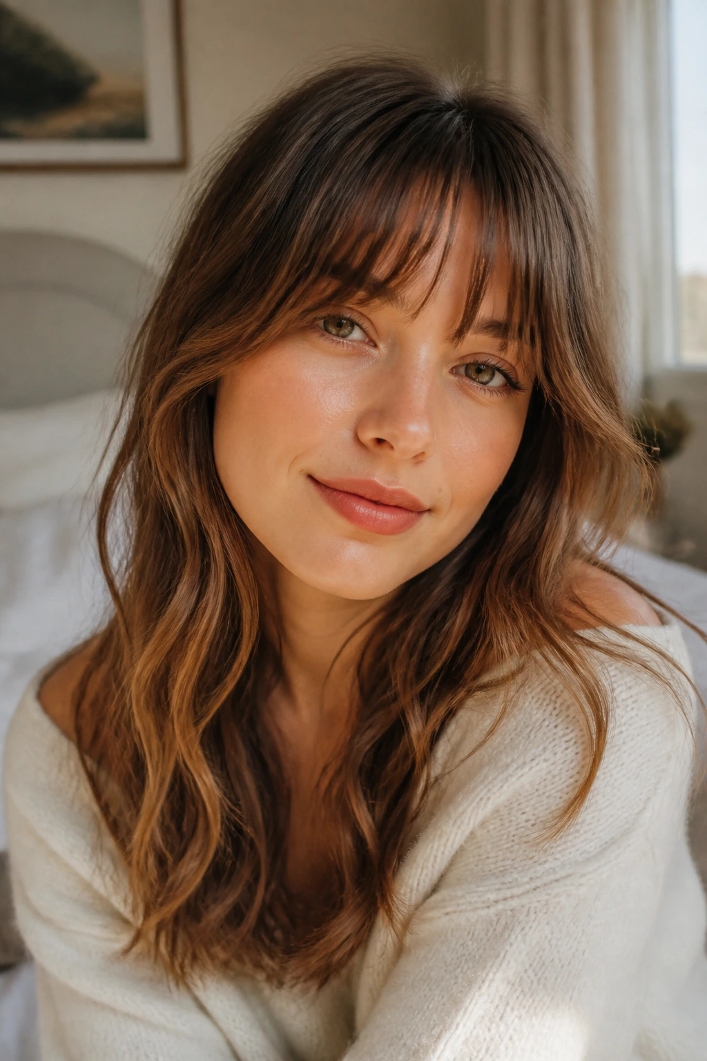 Close-up portrait of a real woman with breathable bangs framing her face in warm natural light
