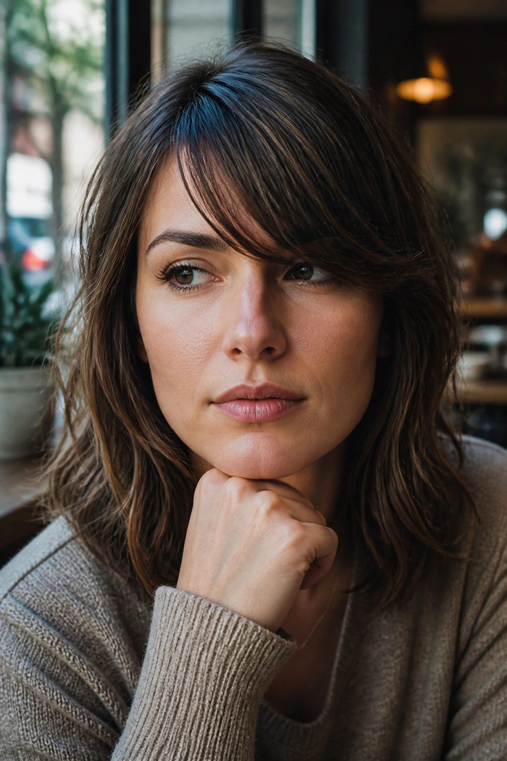 Thoughtful real-person portrait with side-swept bangs in a cafe setting