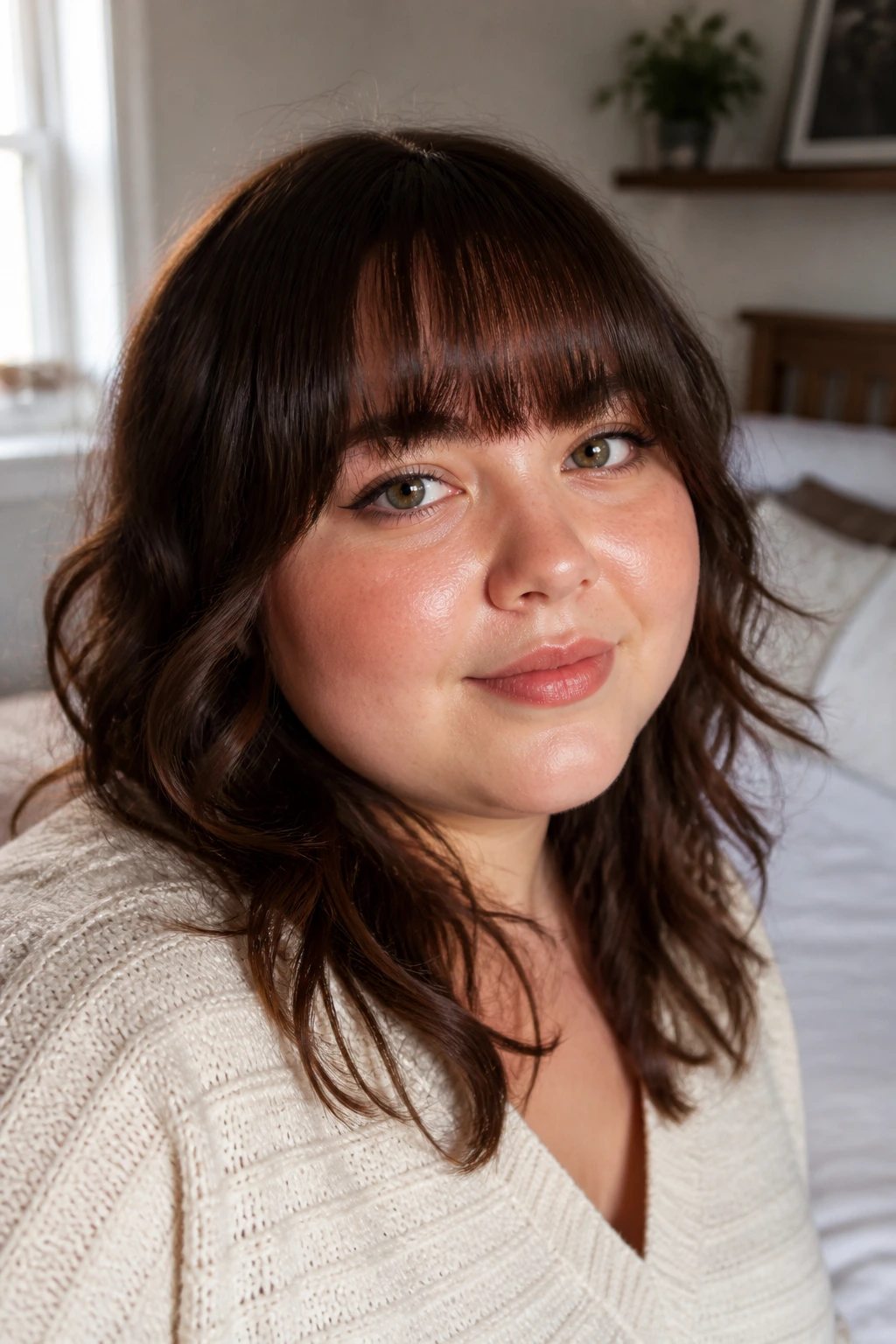 Close-up of a real woman with straight-across bangs on a round face and loose curls in natural light