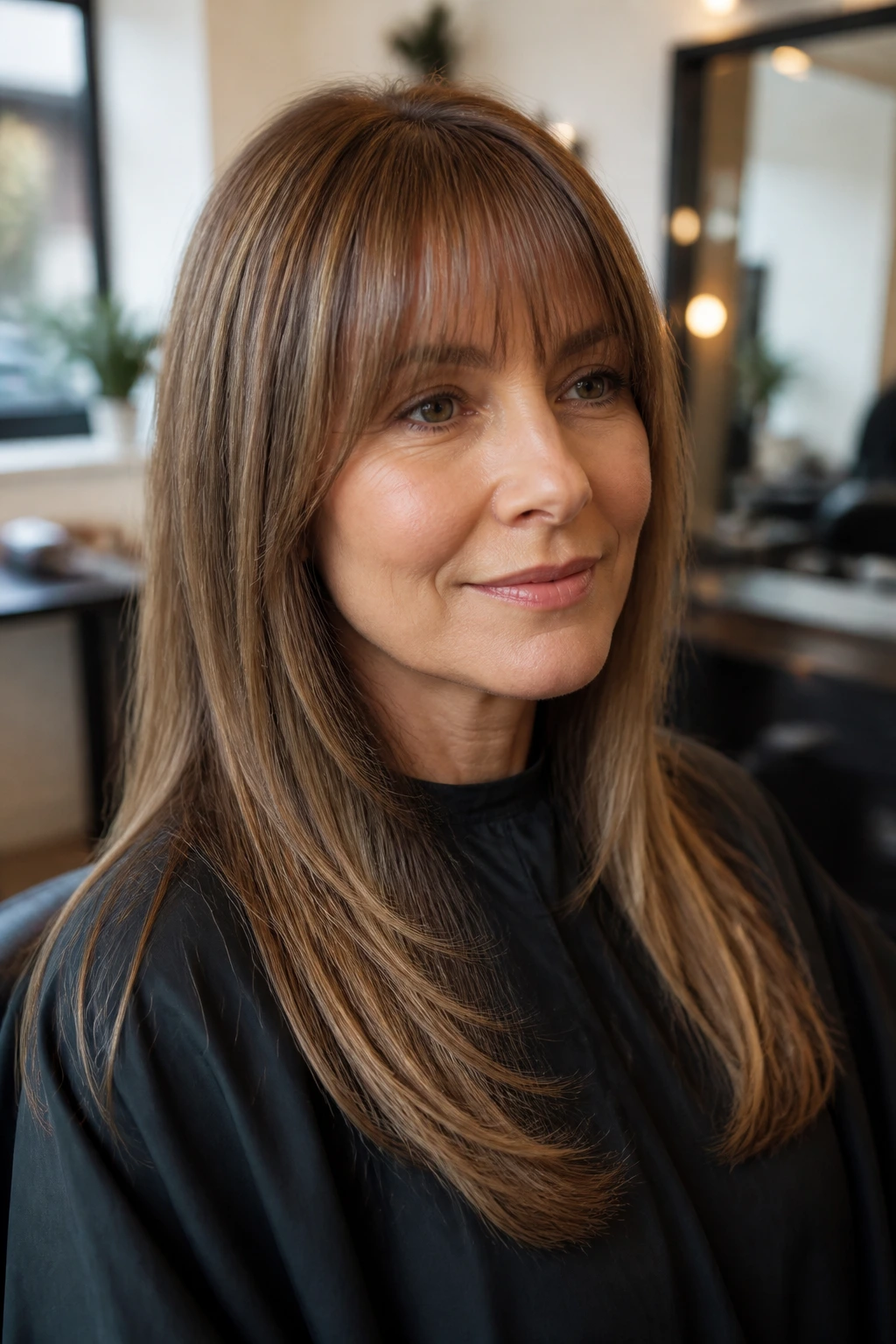 Real woman in a salon chair with long layered straight bangs visible above the brow.