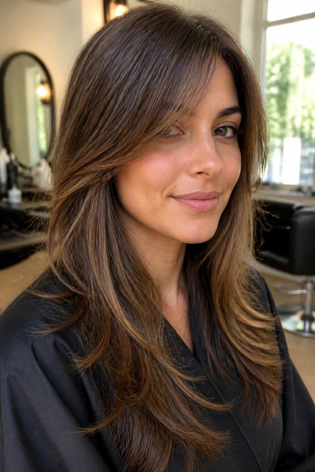 Close-up of a real woman with long side-swept bangs in a sunlit salon