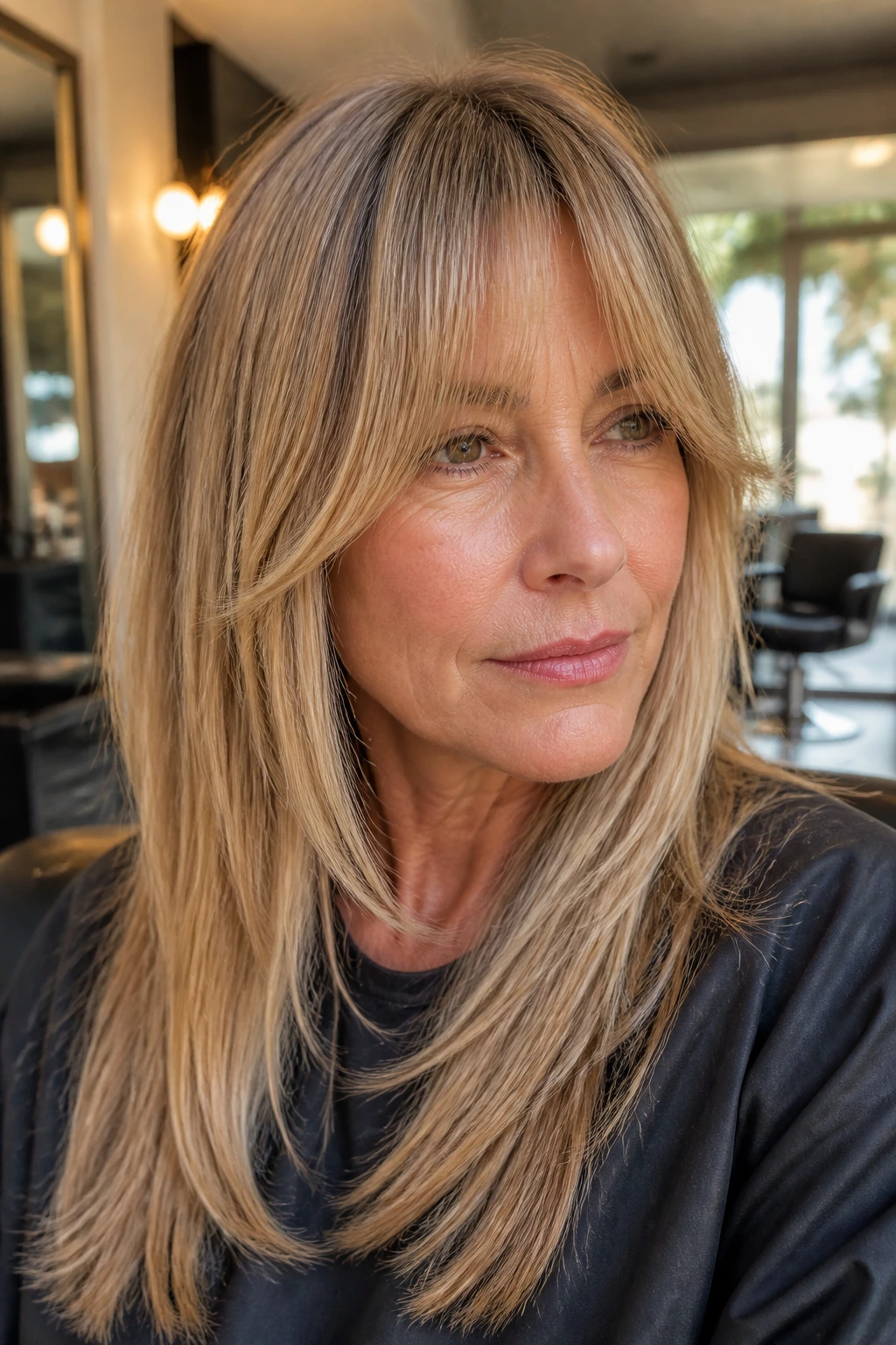 Close-up portrait of a real woman with long, straight layered bangs in a salon setting.