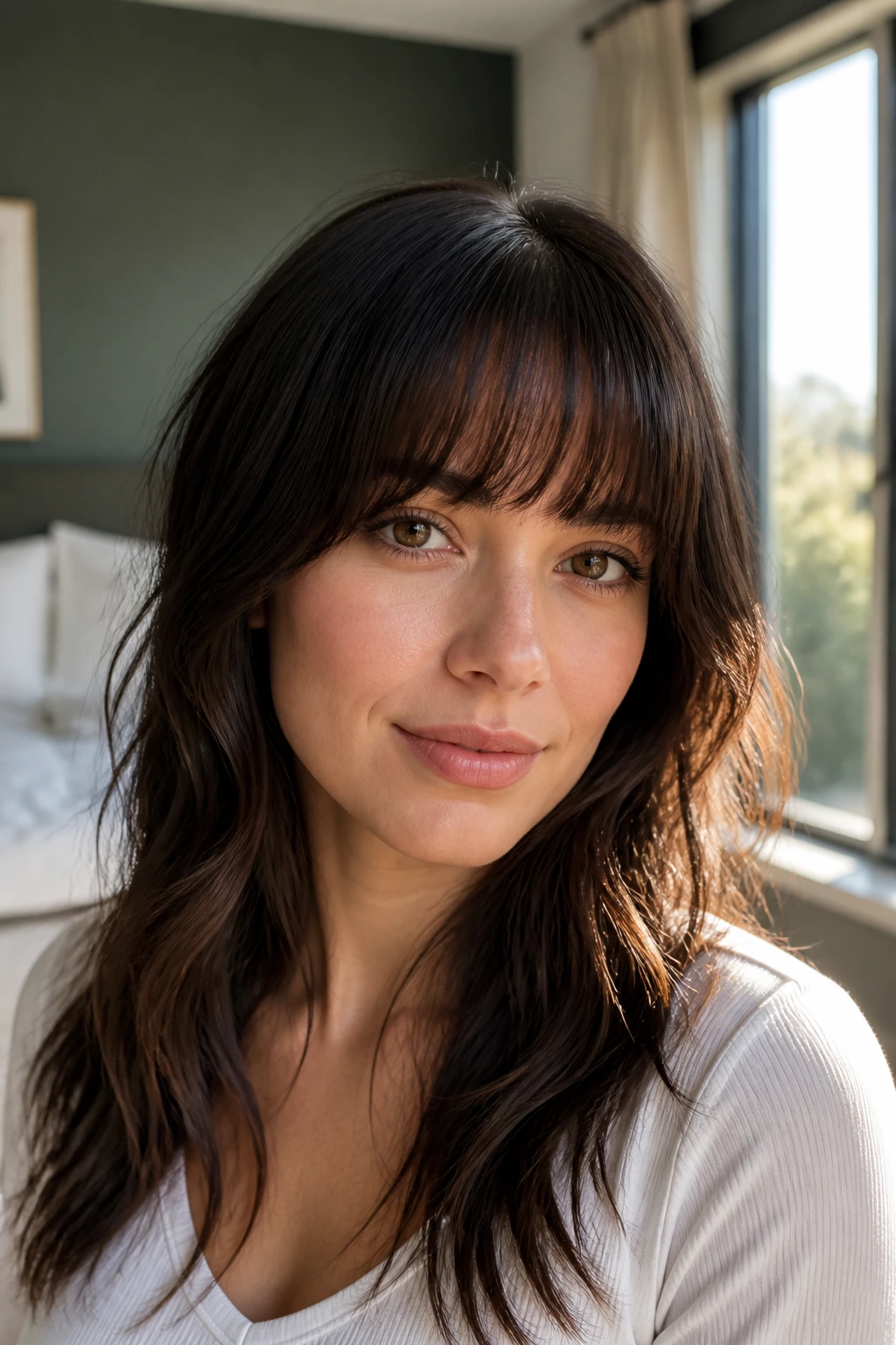Close-up of brunette bangs with preserved shape in a softly lit bedroom setting