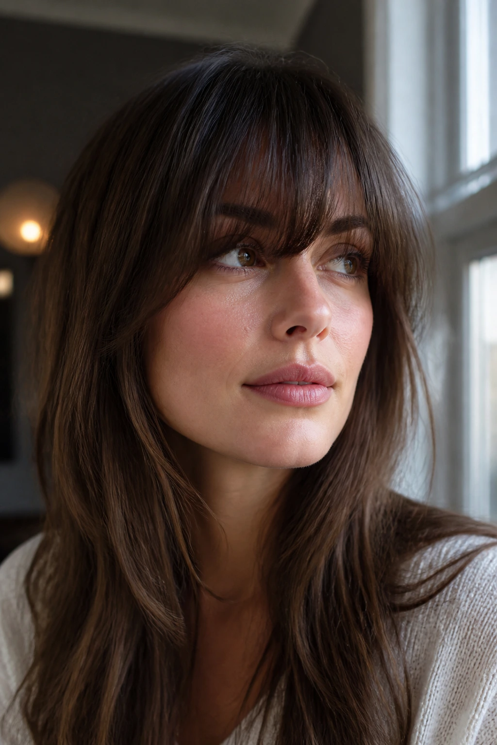 Real woman with bangs styled with a bend and long hair framing the face