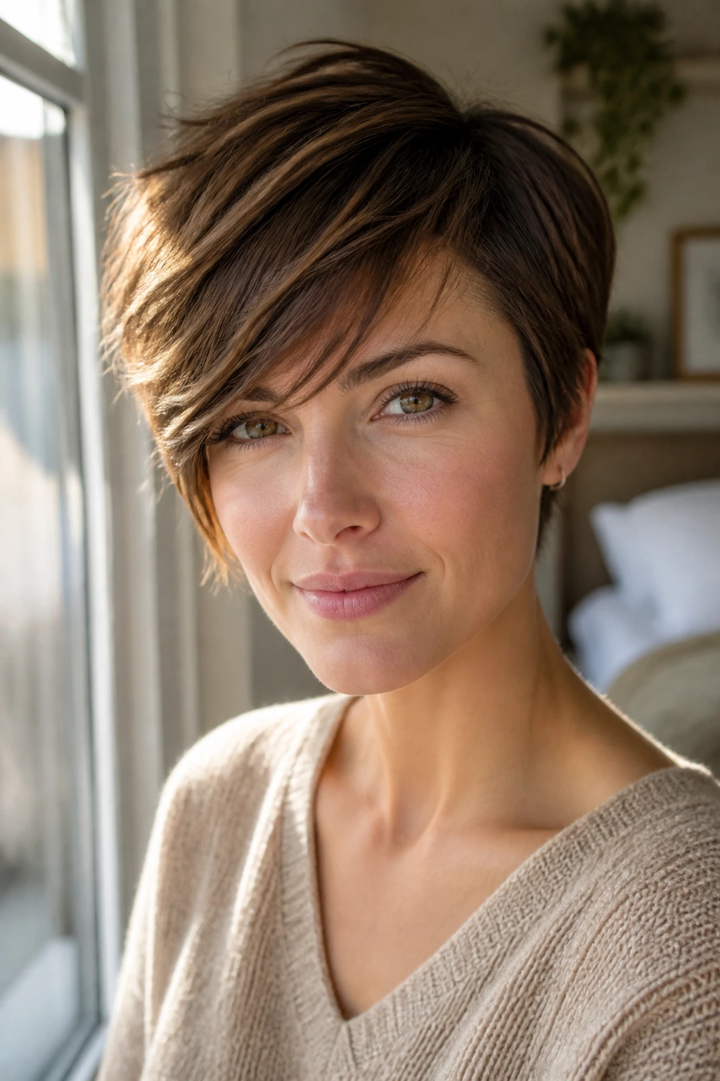Close-up of a real woman with short hair and diagonal side-swept bangs.