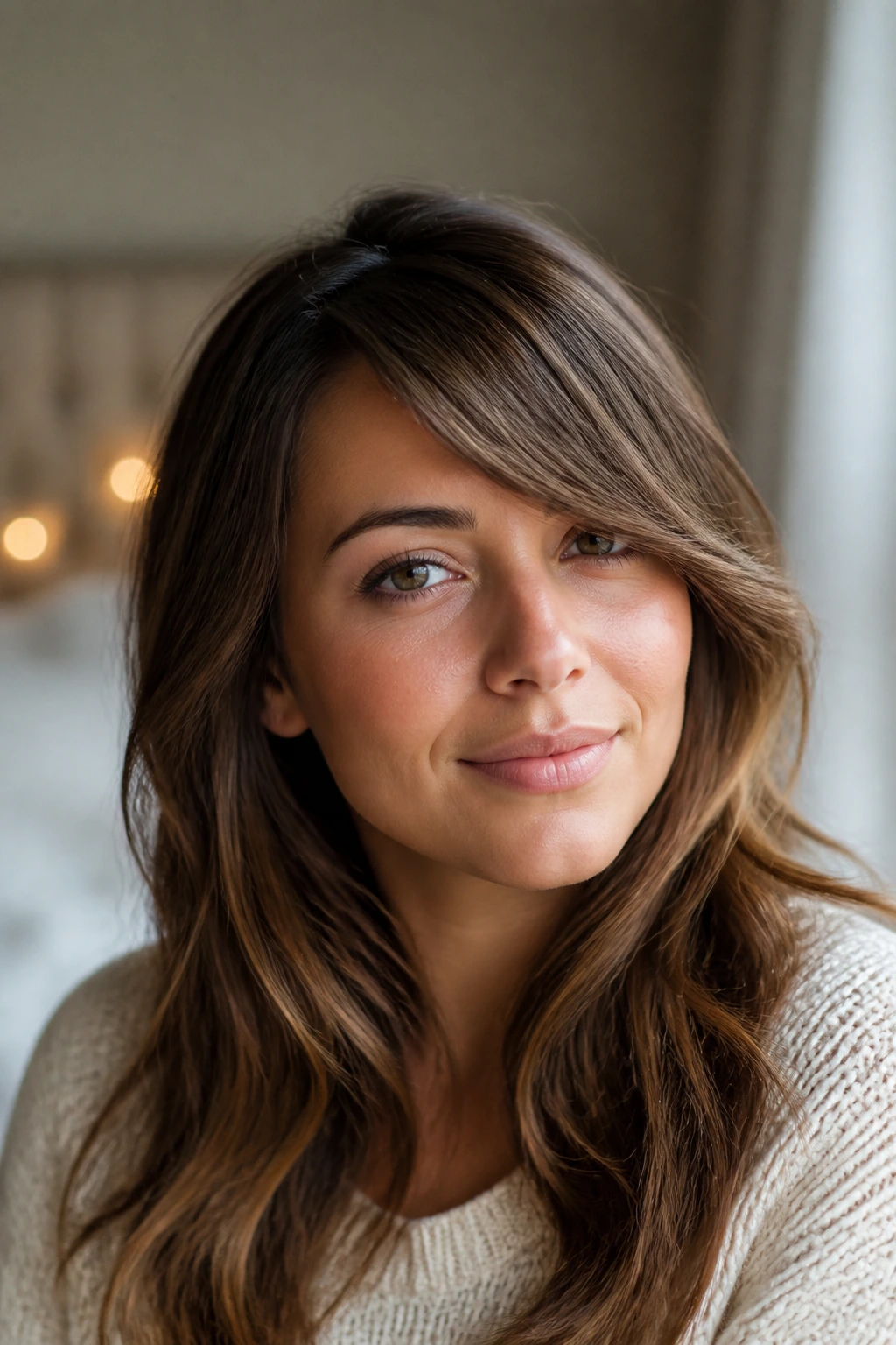 Close-up portrait of a woman with side-swept bangs in warm window light