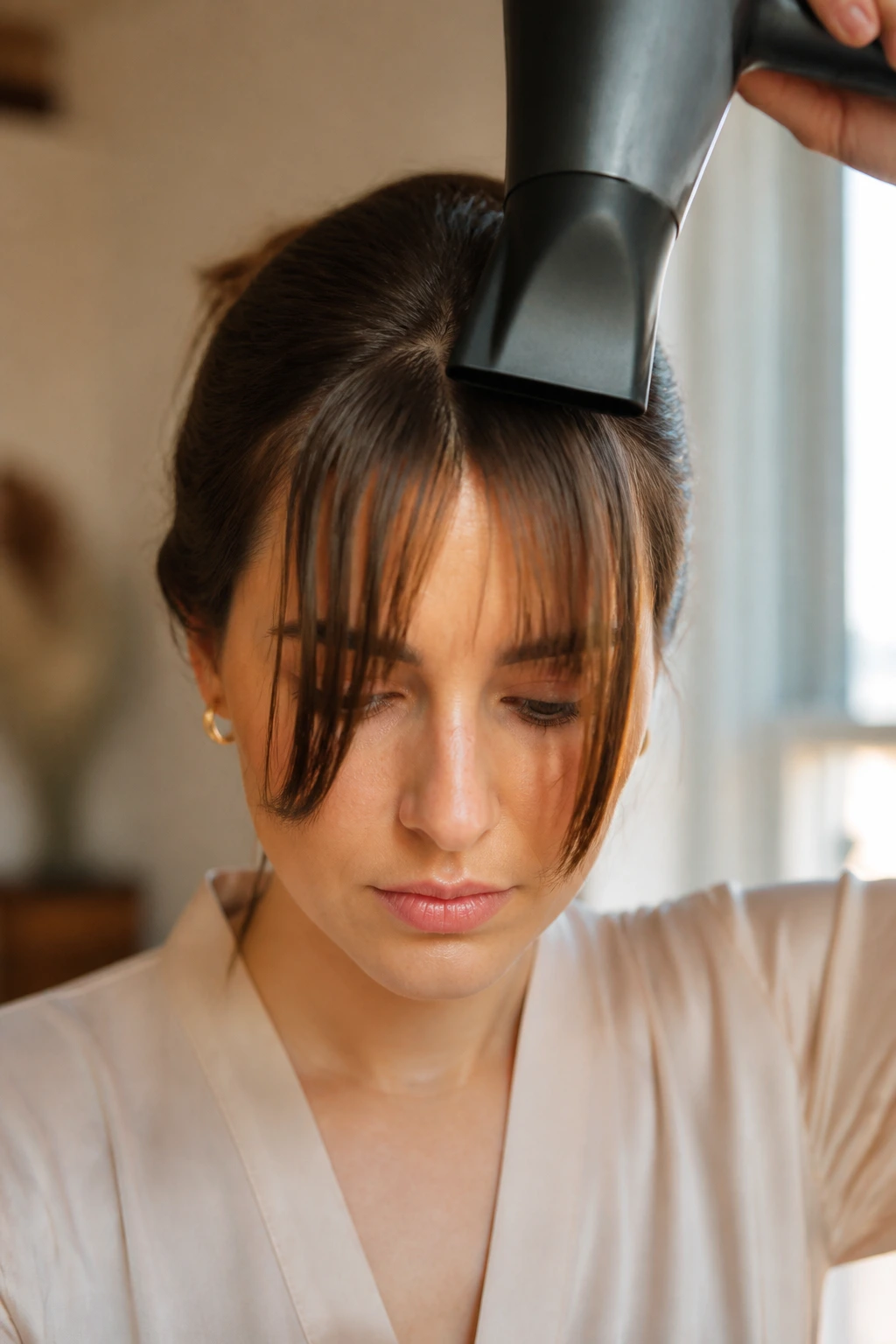Close-up of a woman with bangs dried flat to the forehead, two limp ribbons