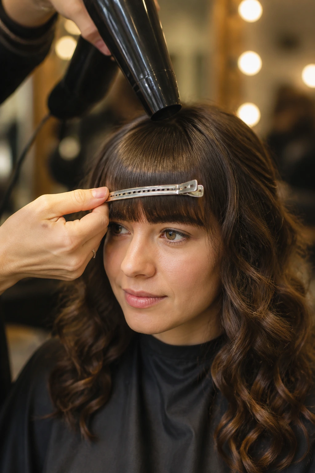Close-up of bangs being clipped flat to cool during styling