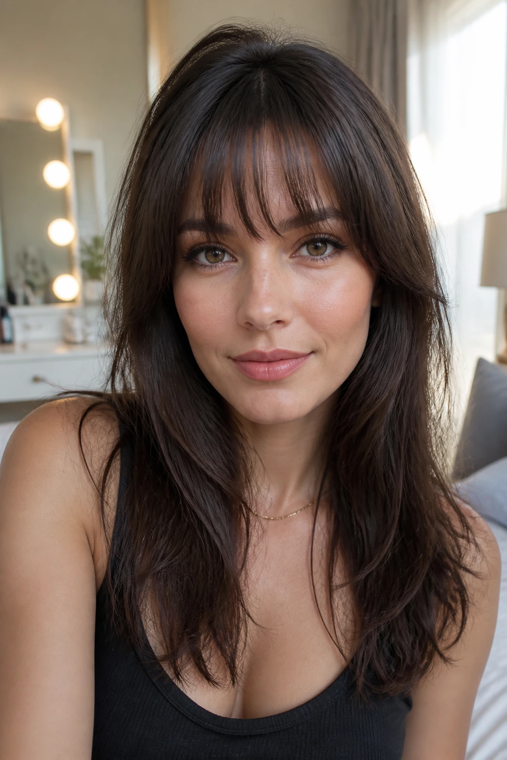 Close-up portrait of a real woman with bangs neatly styled to sit where desired.