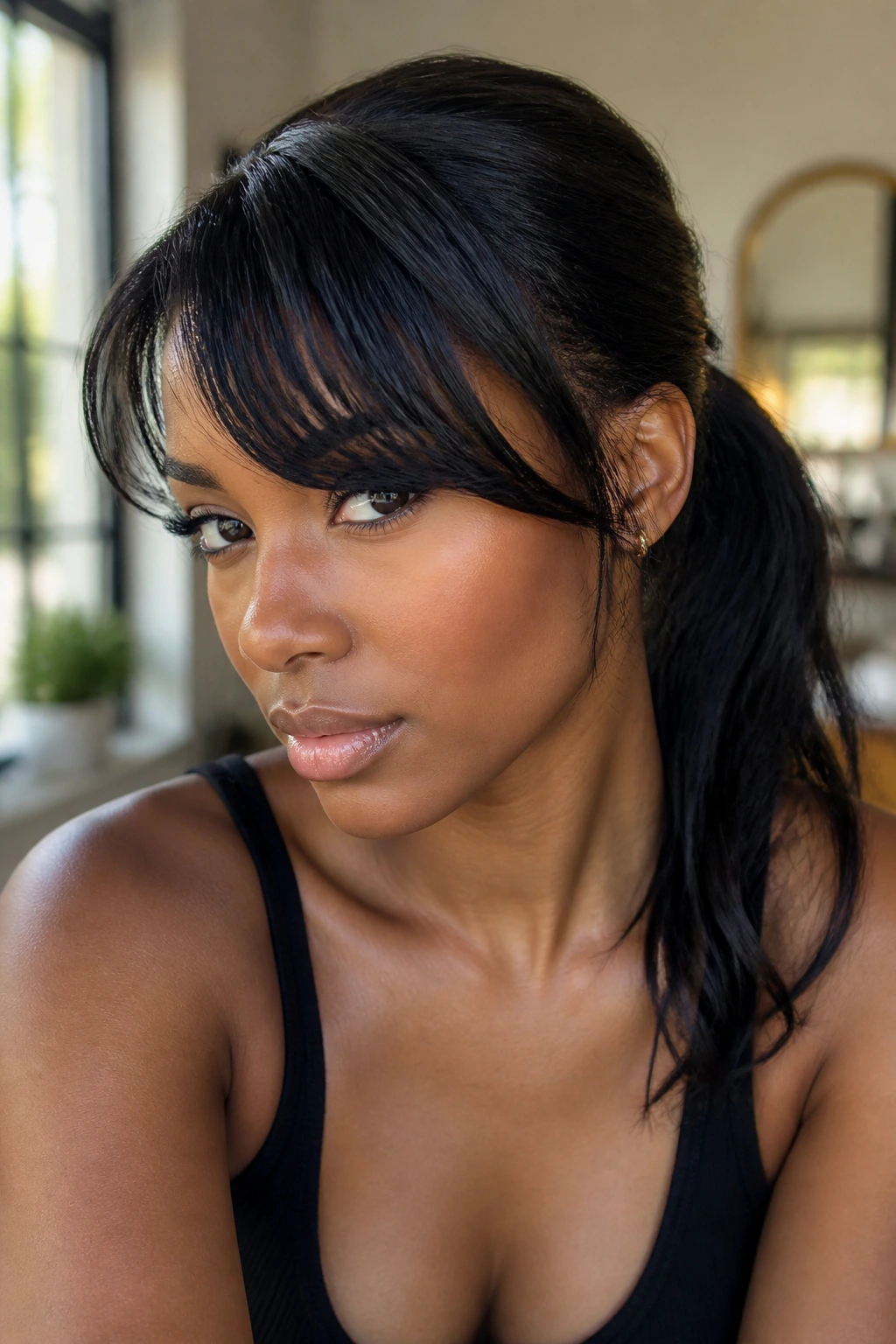 Real woman with bangs swept into a ponytail, face framed softly.