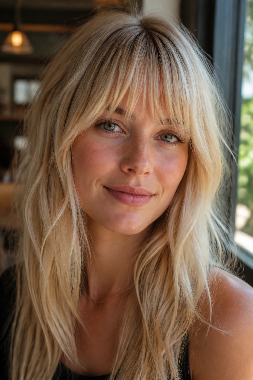 Close-up of textured brow-skimming bangs in vanilla blonde on a real woman in a sunlit cafe