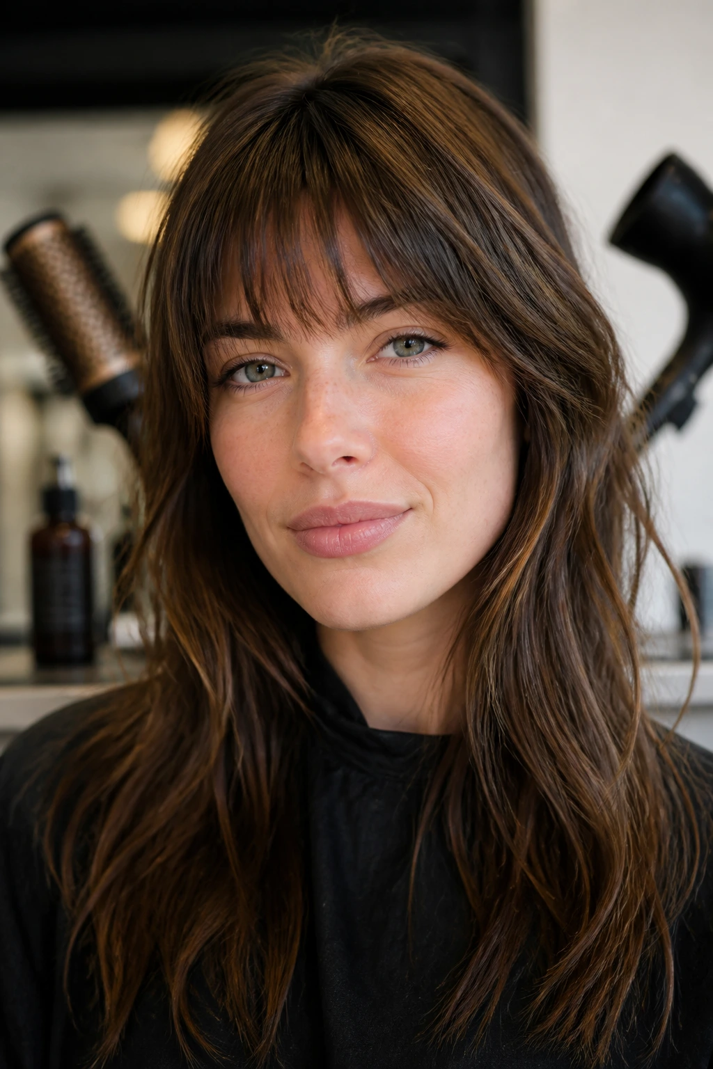 Close-up of a woman with choppy bangs in a salon with blurred tools behind