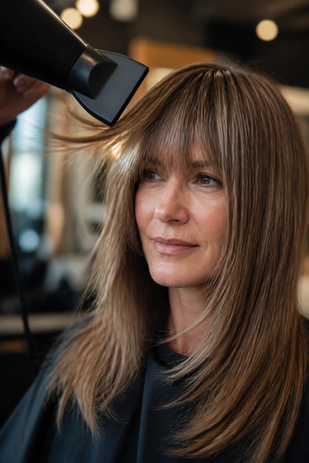 Real woman with bangs being styled with a blow-dryer in a salon.