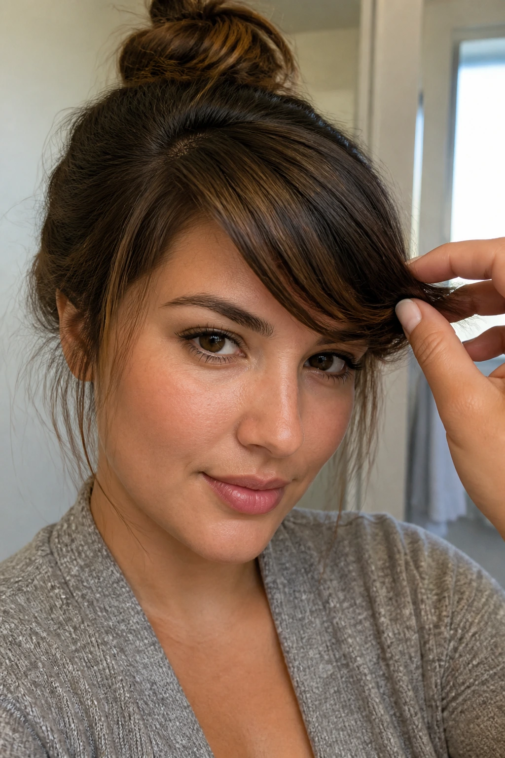 Close-up of a woman adjusting her side-swept bangs for wearability
