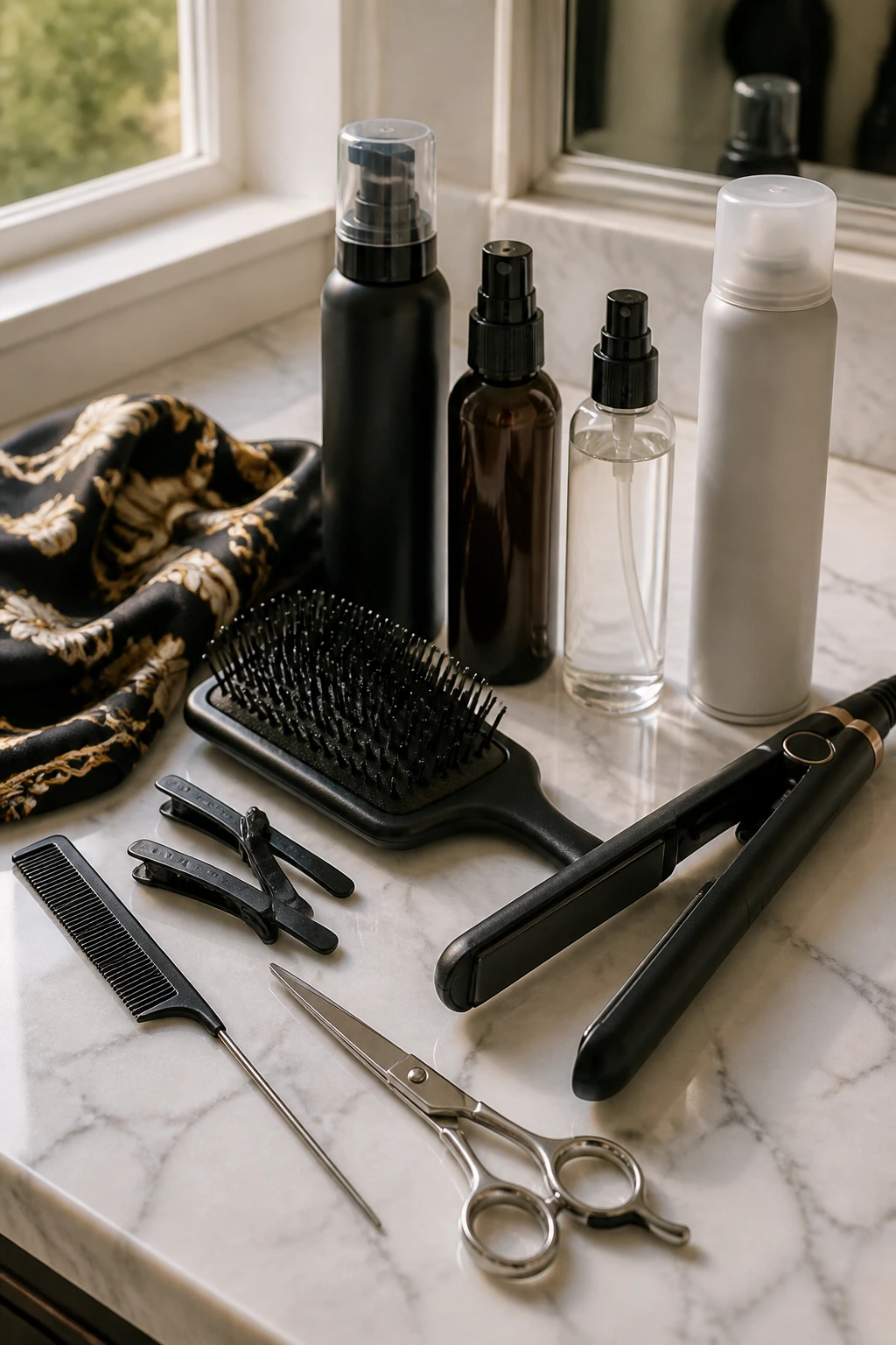 Close-up of bangs tools and products arranged on a vanity for a clean bang finish
