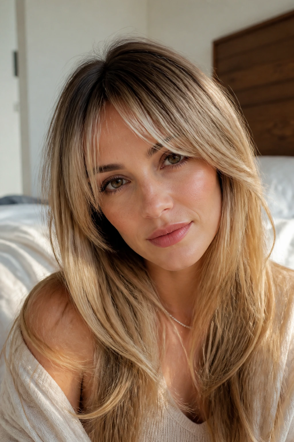 Close-up of a real woman with long layered blonde bangs showing bronde root and beige lengths