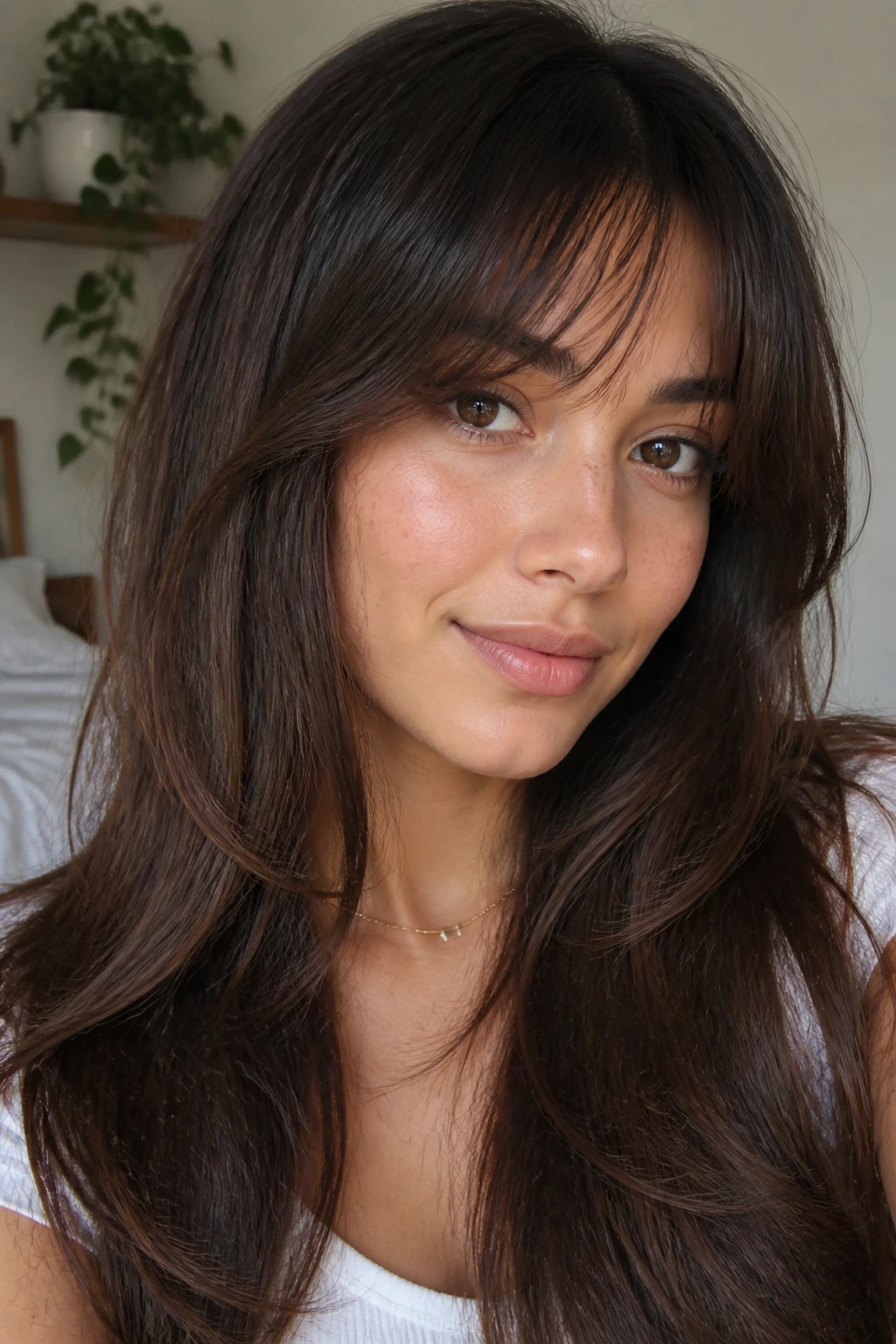 Portrait of a woman with soft side-swept wispy bangs