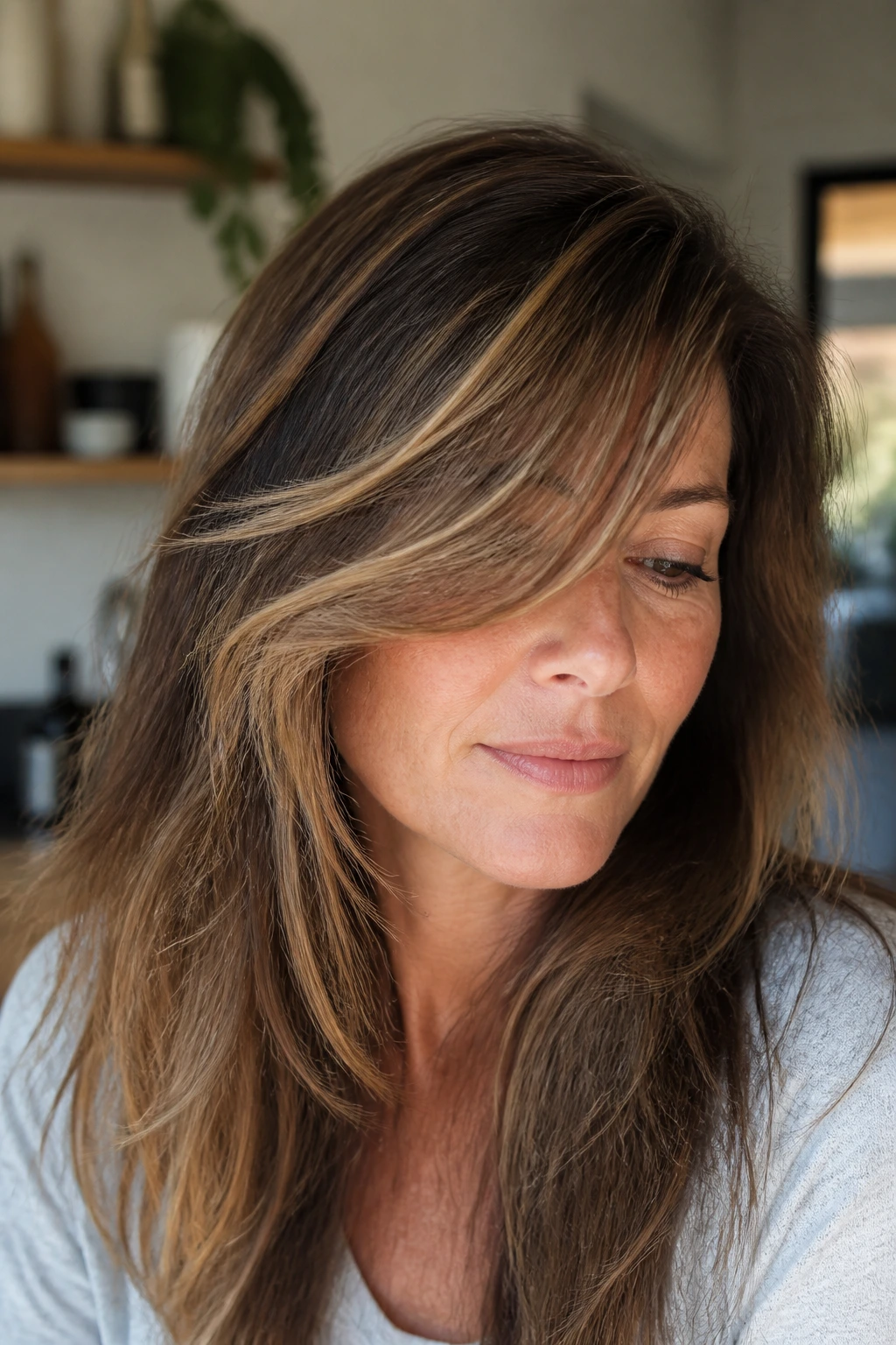 Woman with textured side-swept bangs in a home setting
