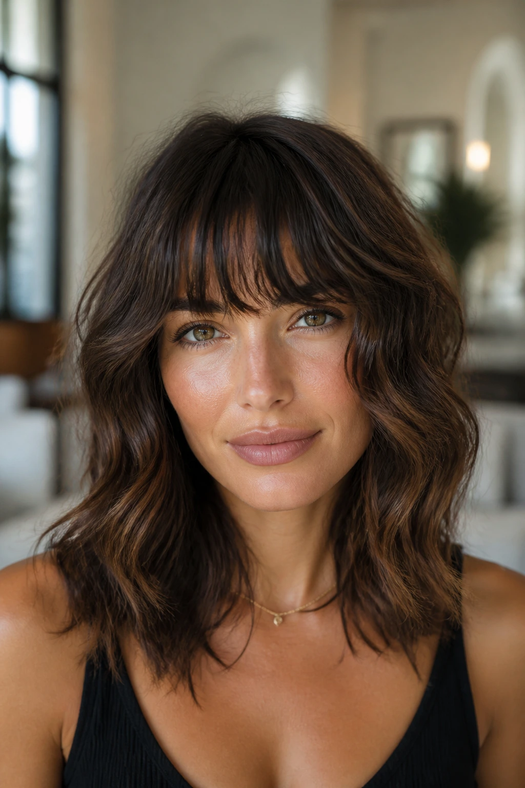 Close-up portrait of a real brunette with wavy bangs framing the forehead in natural window light