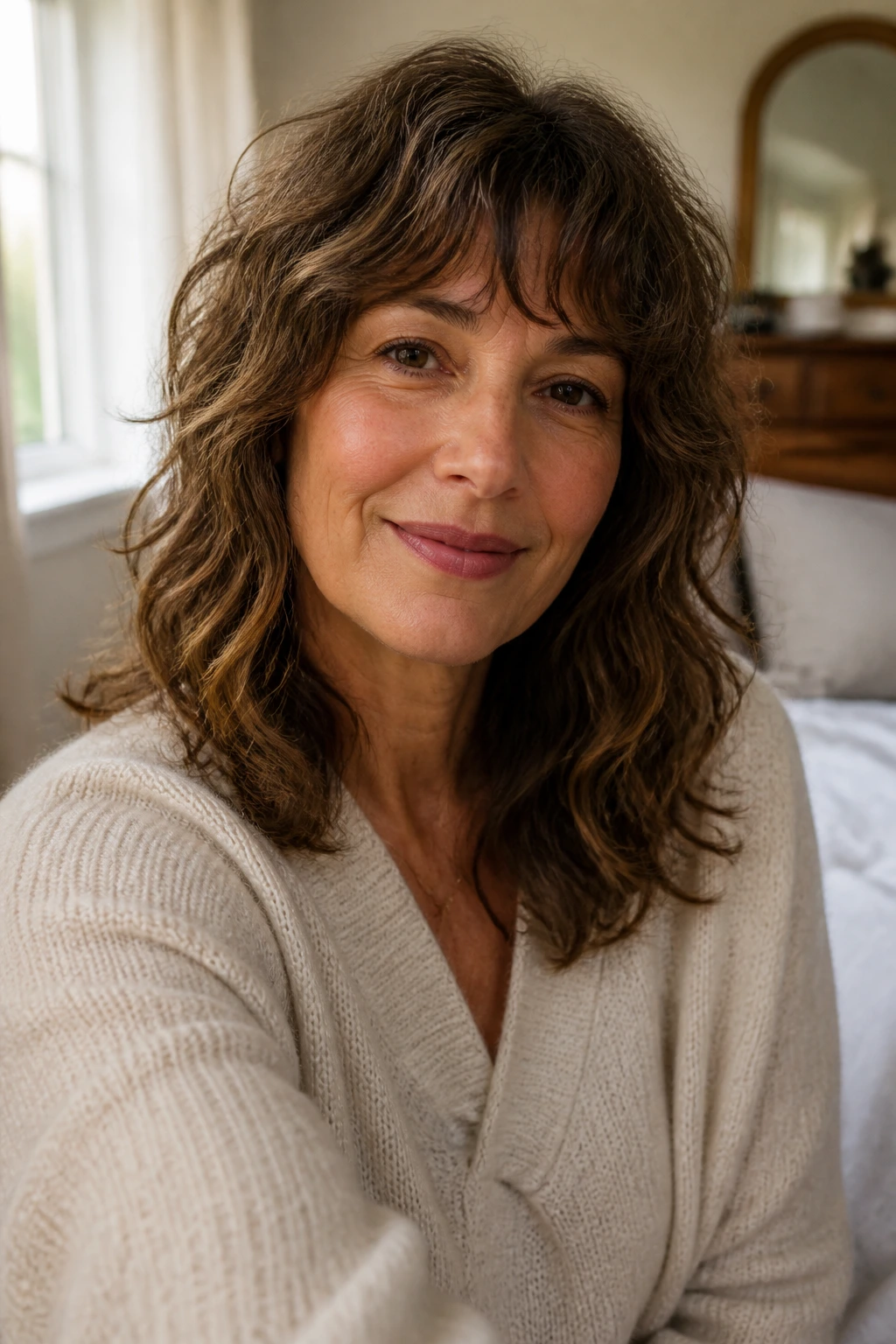 Close-up portrait of a real woman with soft wavy bangs in natural light