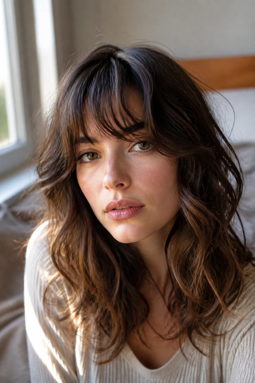 Close-up portrait of bangs on a real woman by a sunlit window