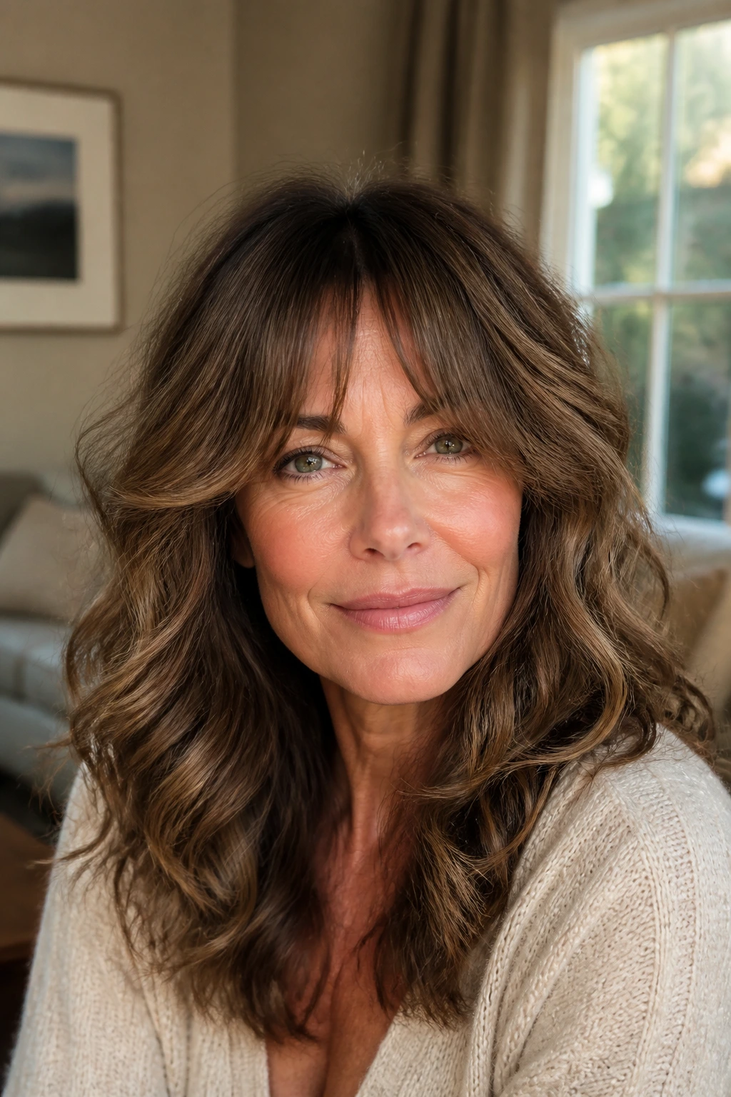 Close-up of a real woman with long layered bangs in a cozy home setting