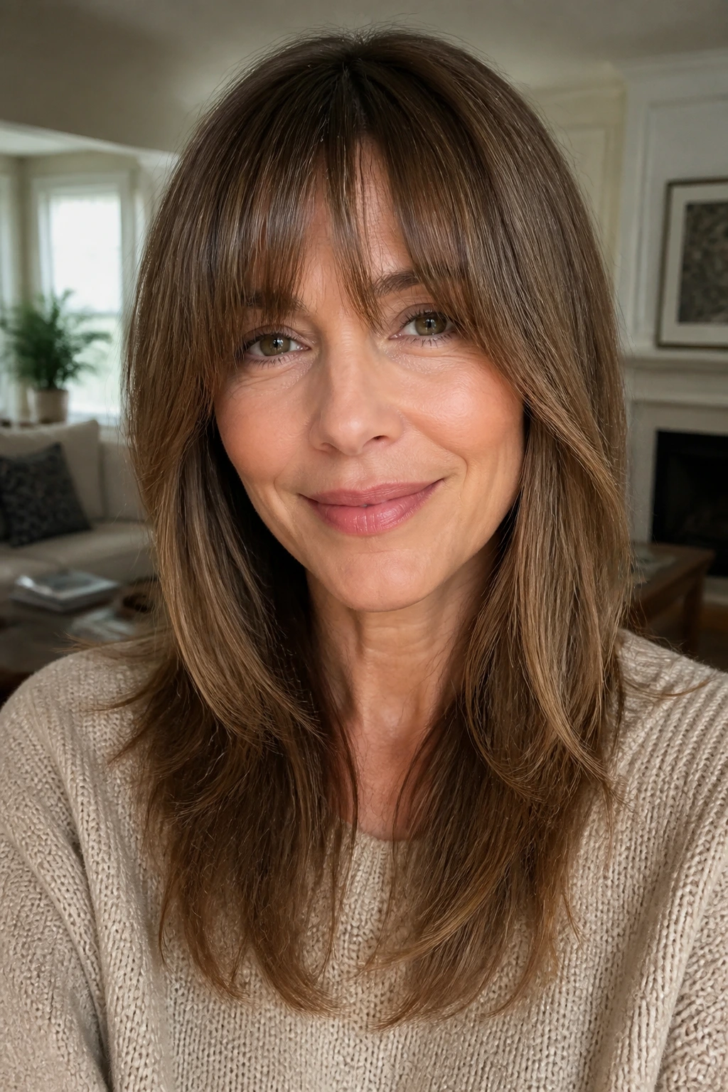 Real woman with long layered straight bangs in a cozy setting, wearing the look well.