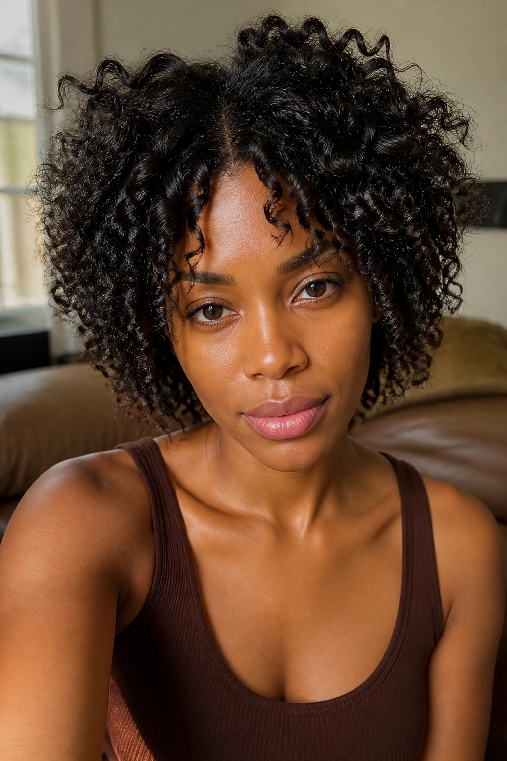 Close-up of a real Black woman with bantu knot-out bob and piecey ends.