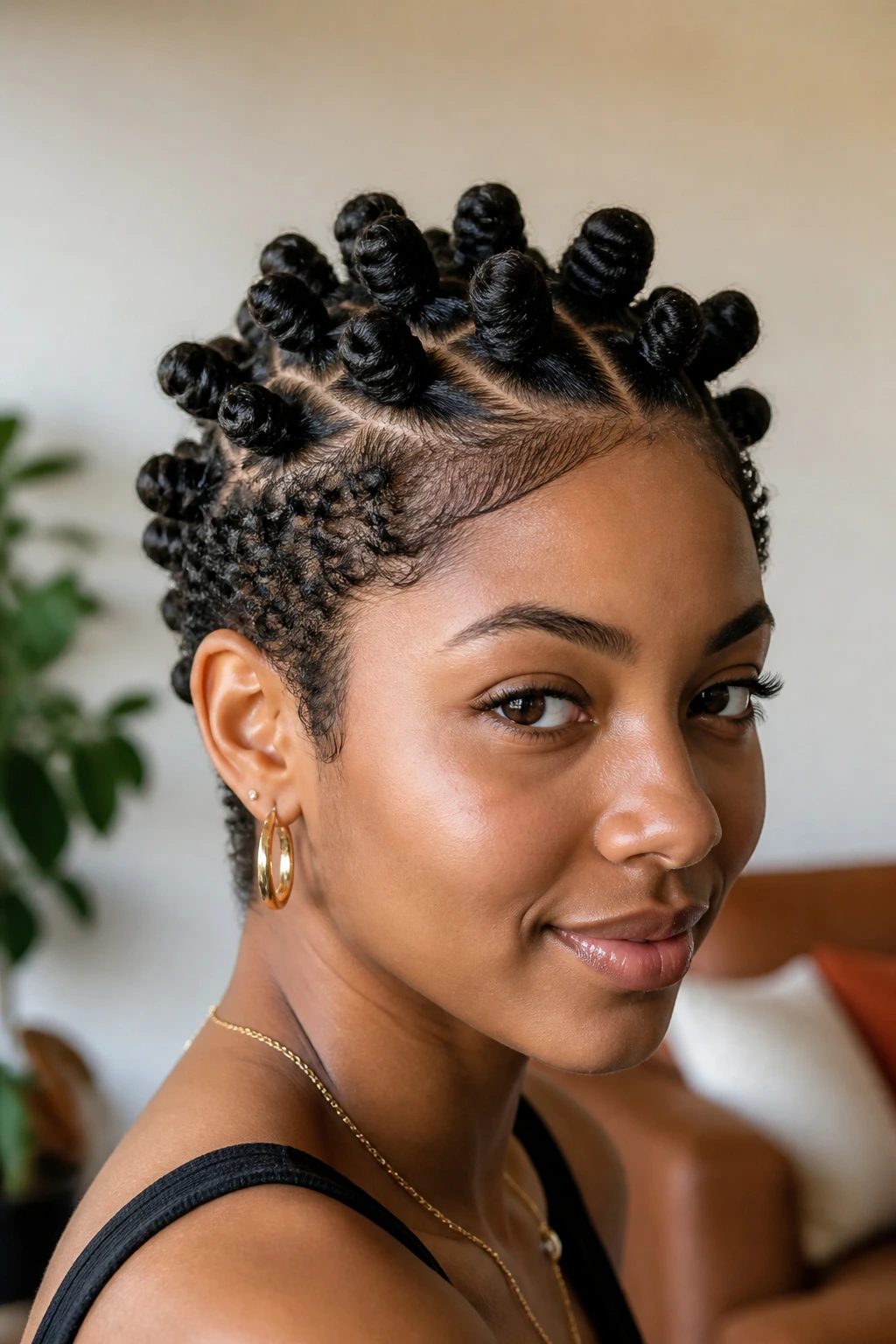 Close-up of a real person with a bantu knot crown on short hair