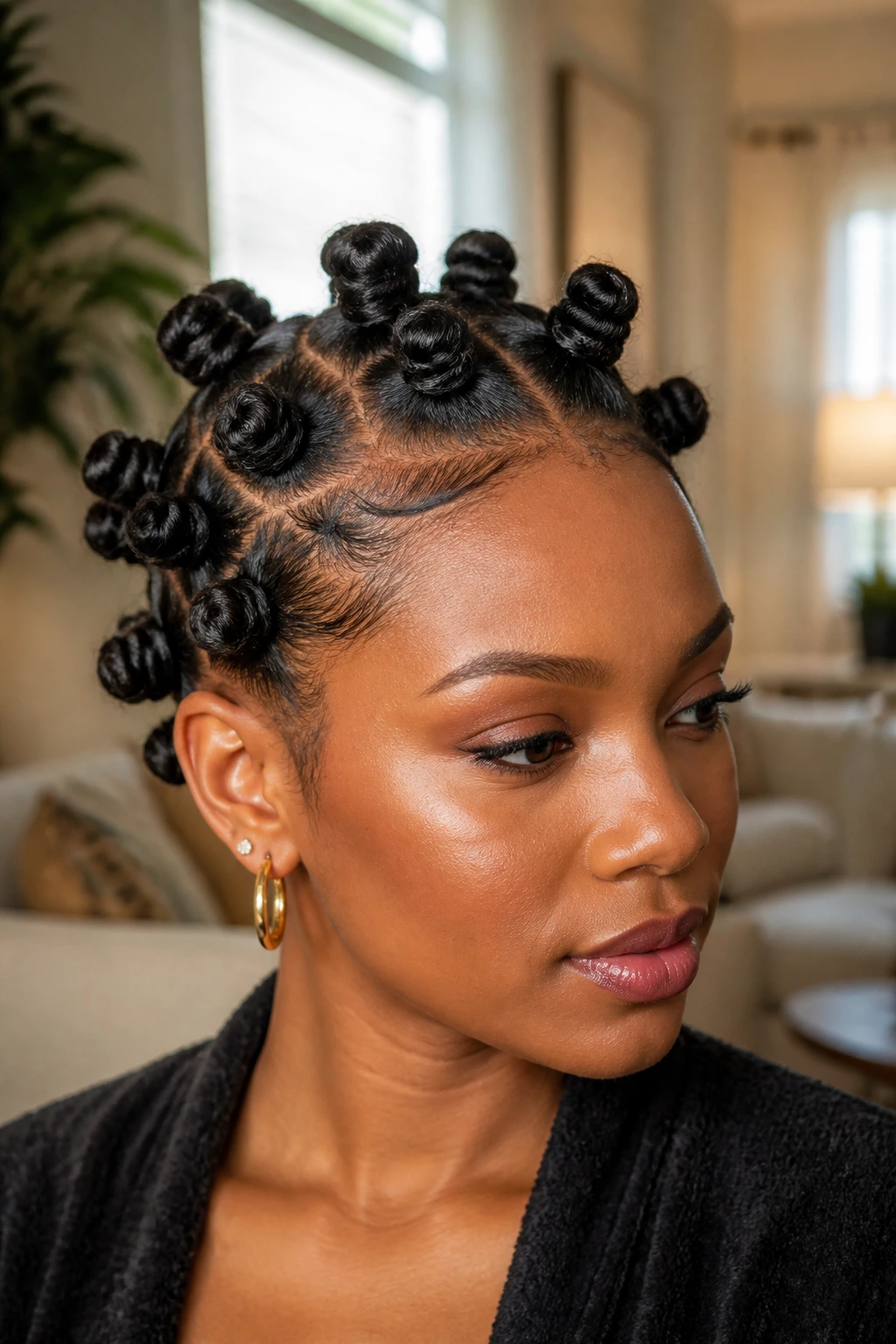 Close-up portrait of a real woman with multiple small bantu knots on the scalp