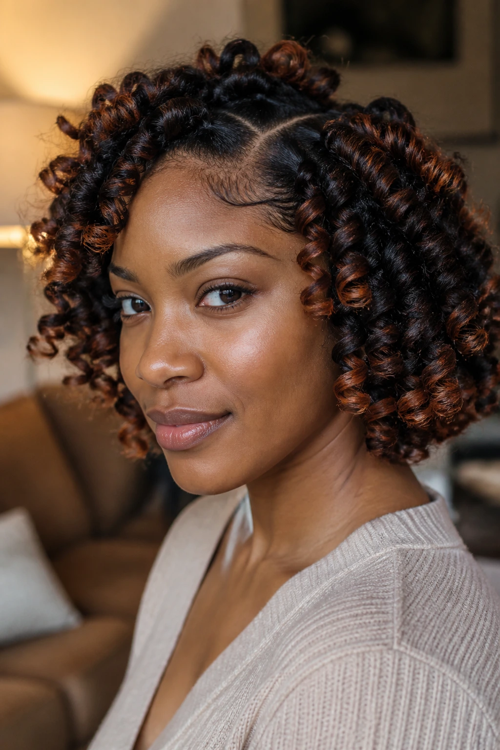 Bantu knot-out with copper highlights on a real woman