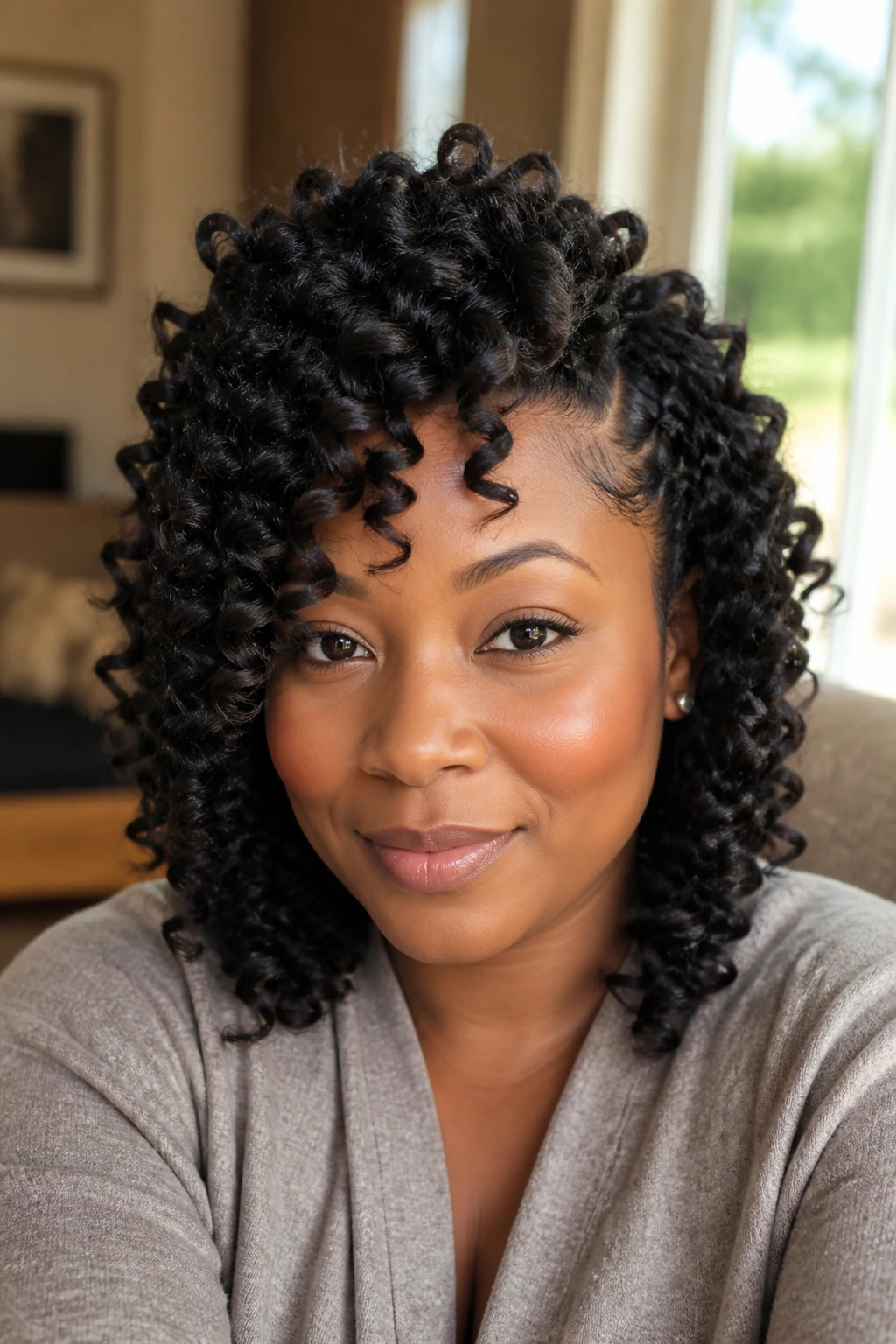 Close-up portrait of a real Black woman with a Bantu knot-out showing vertical curl pattern on a round face
